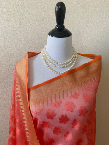 Jute by Silk Saree | Shade of Coral Pink | Handwoven | Ships from California
